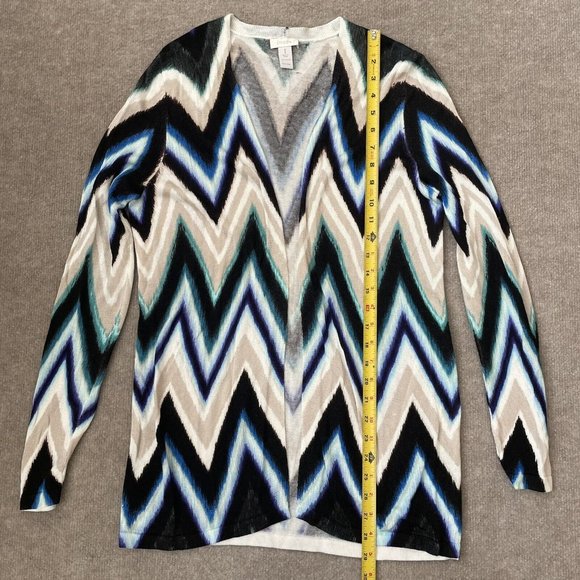Chico’s Cardigan Womens Size 1 Medium Chevron Lightweight Sweater Black Teal - Picture 7 of 10
